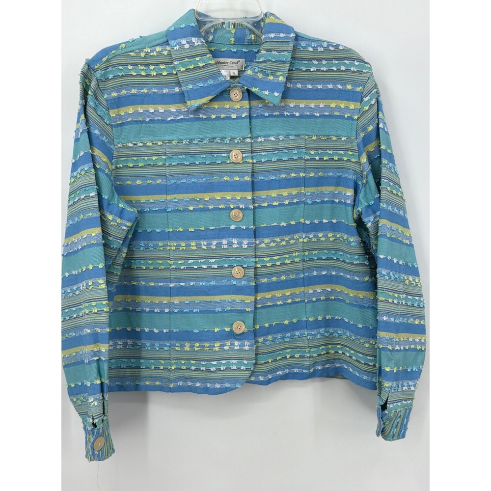 Coldwater Creek Blue Green Striped Eyelash Texture Jacket Womens PL Petite Large